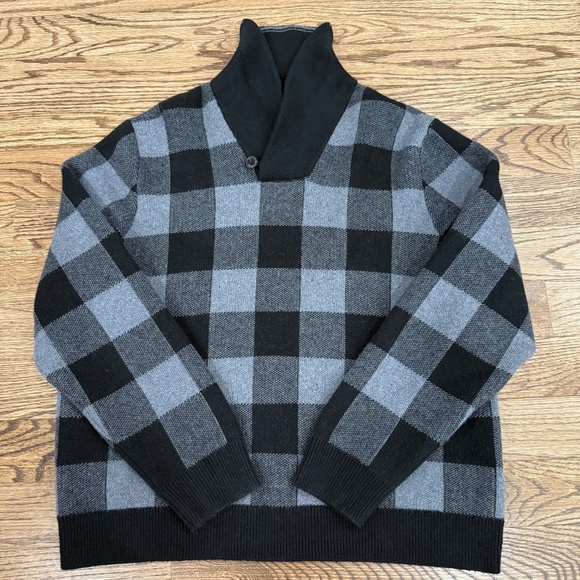 Banana Republic Shawl Collar Pullover Sweater Buffalo Plaid Black Grey Heavy XL - Picture 2 of 7